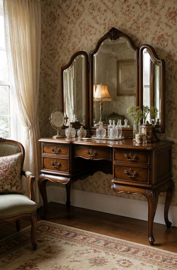 8 Dressing Table Ideas for Bedrooms: Styles for 2026 5 A vintage dressing table with a tri-fold mirror and decorative accessories.