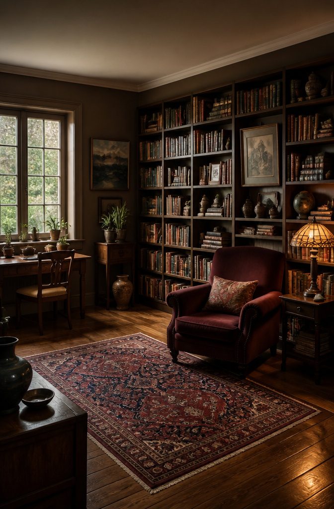 Library with vintage decor and books arranged on shelves.