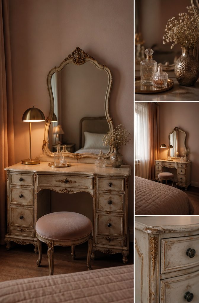Vintage vanity with ornate features and a modern brass lamp.