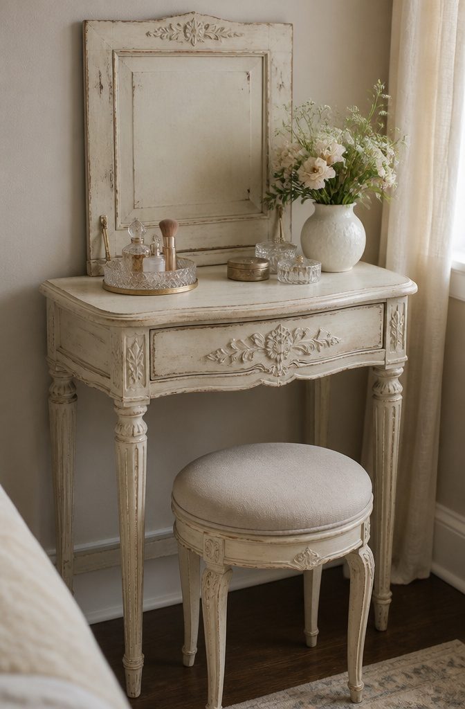 Vintage makeup vanity featuring intricate carvings and built-in mirror.