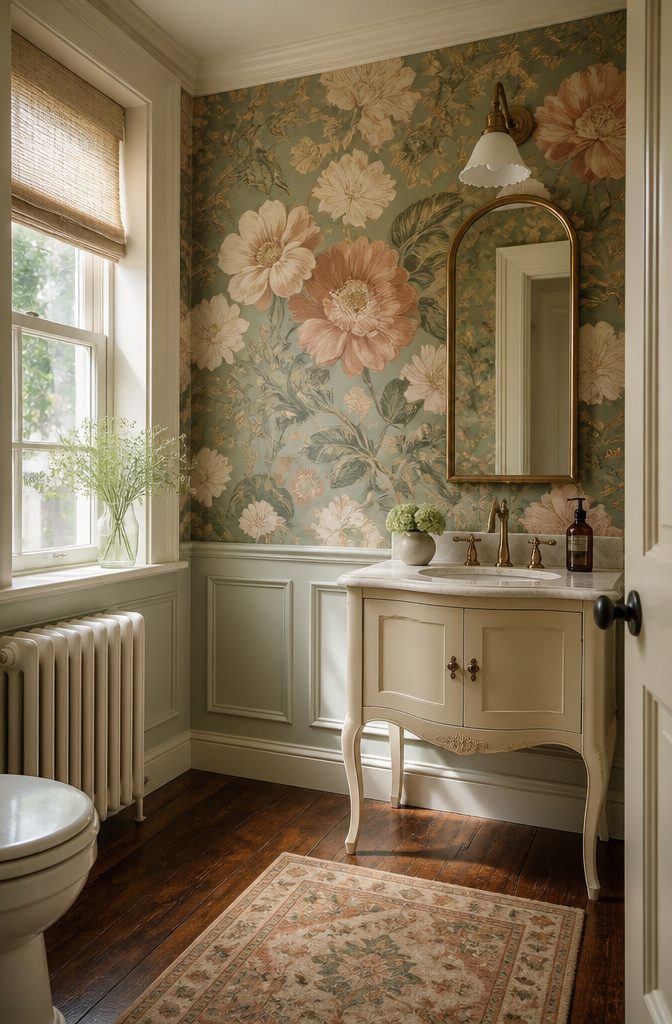 Bold floral wallpaper panel in a charming powder room.