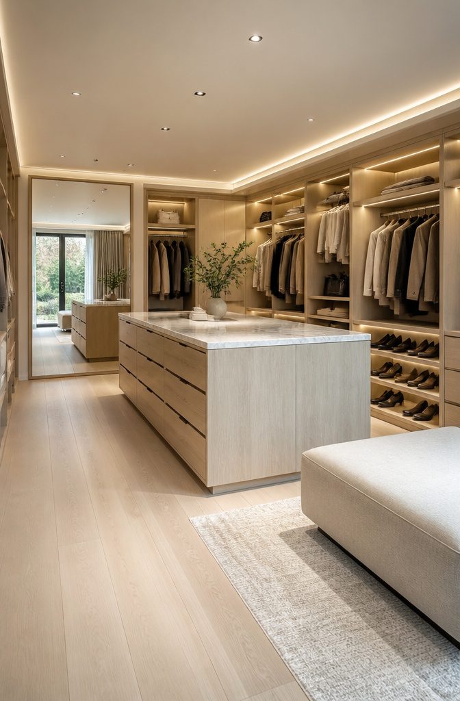 10 Bedroom Cabinet Ideas to Organize and Complete a Room in 2026 3 A walk-in closet with hanging rods and shelving for organized storage.