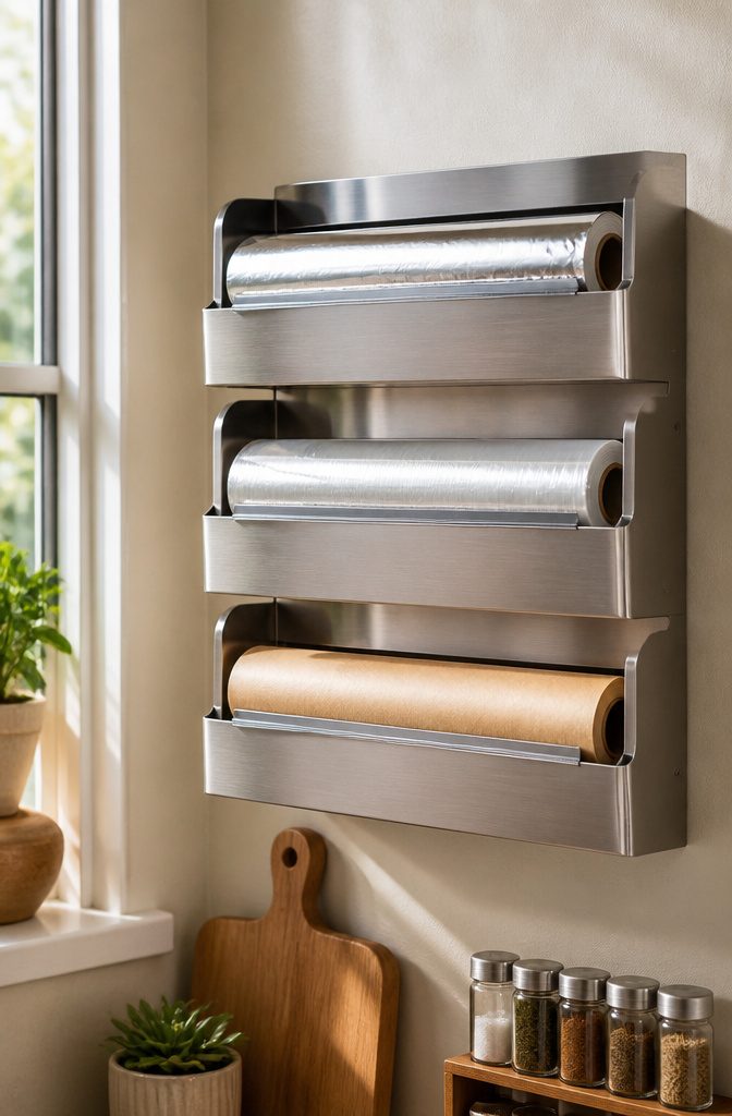10 Plastic Wrap Storage Ideas for Organized Kitchens in 2026 7 A wall-mounted organizer holding rolls of foil and plastic wrap.