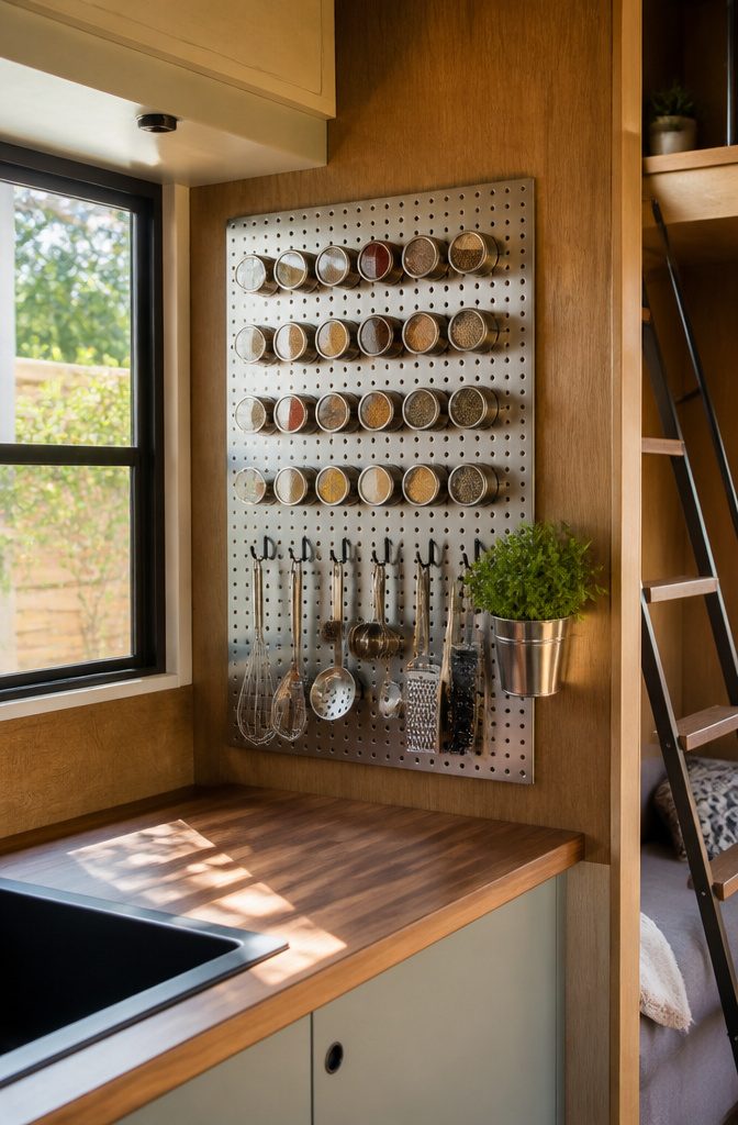 10 Tiny Home Space Saving Ideas: Storage and Layout Solutions 11 A galvanized steel pegboard displaying spices and utensils in a kitchen.