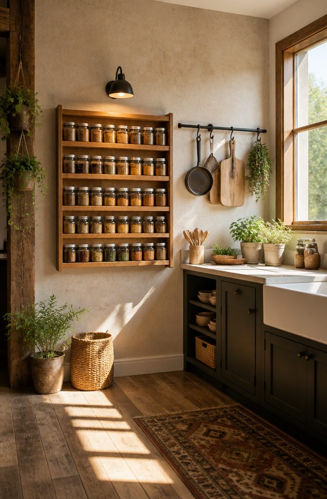 A wall-mounted spice rack filled with jars in a pantry.
