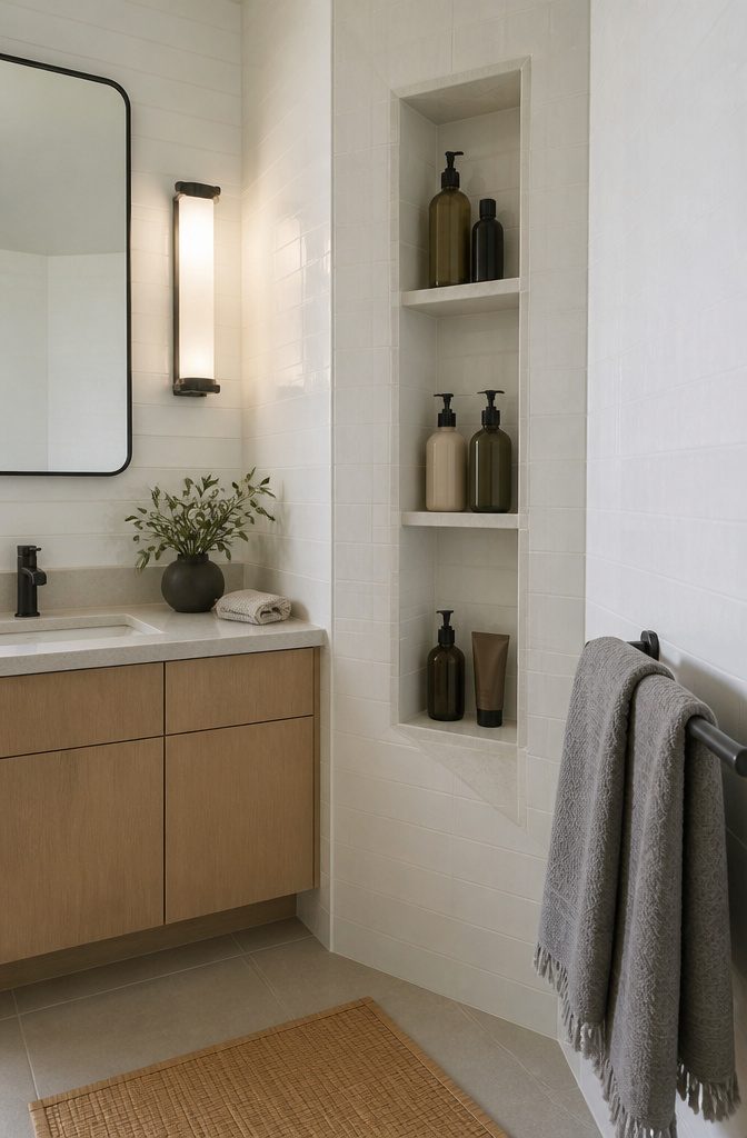 10 Built-In Bathroom Storage Ideas for 2026 4 A wall niche beside a vanity displaying toiletries and decor.