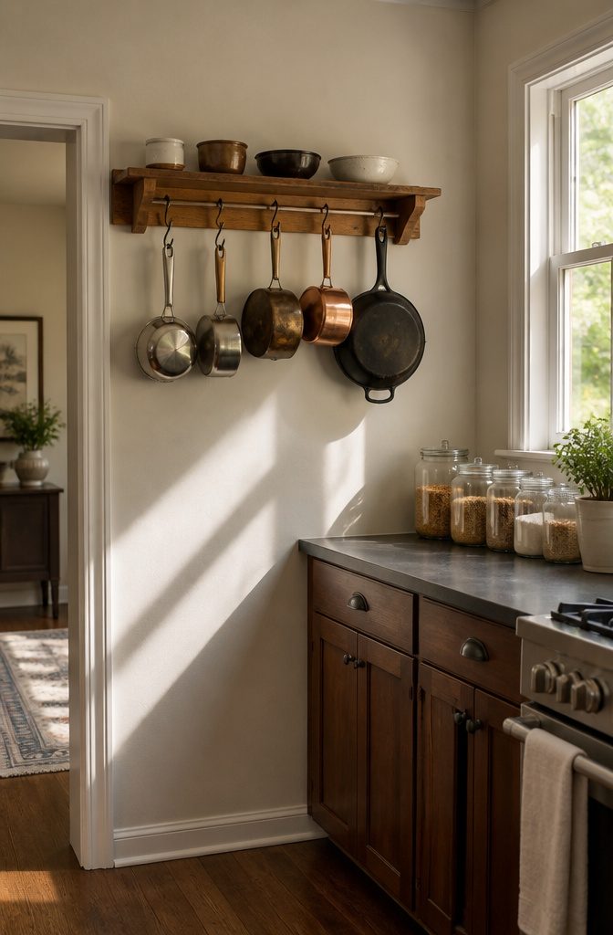 A wall-mounted wooden pot rack with hanging cookware.