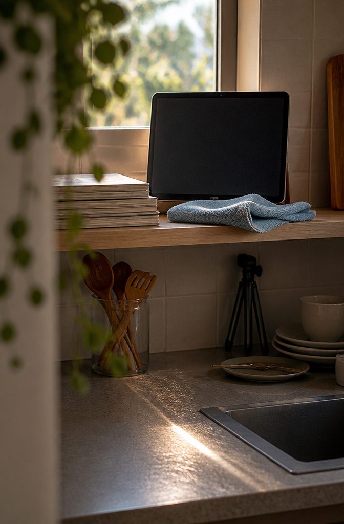 Phone playing a cleaning video beside a cloth and spray bottle