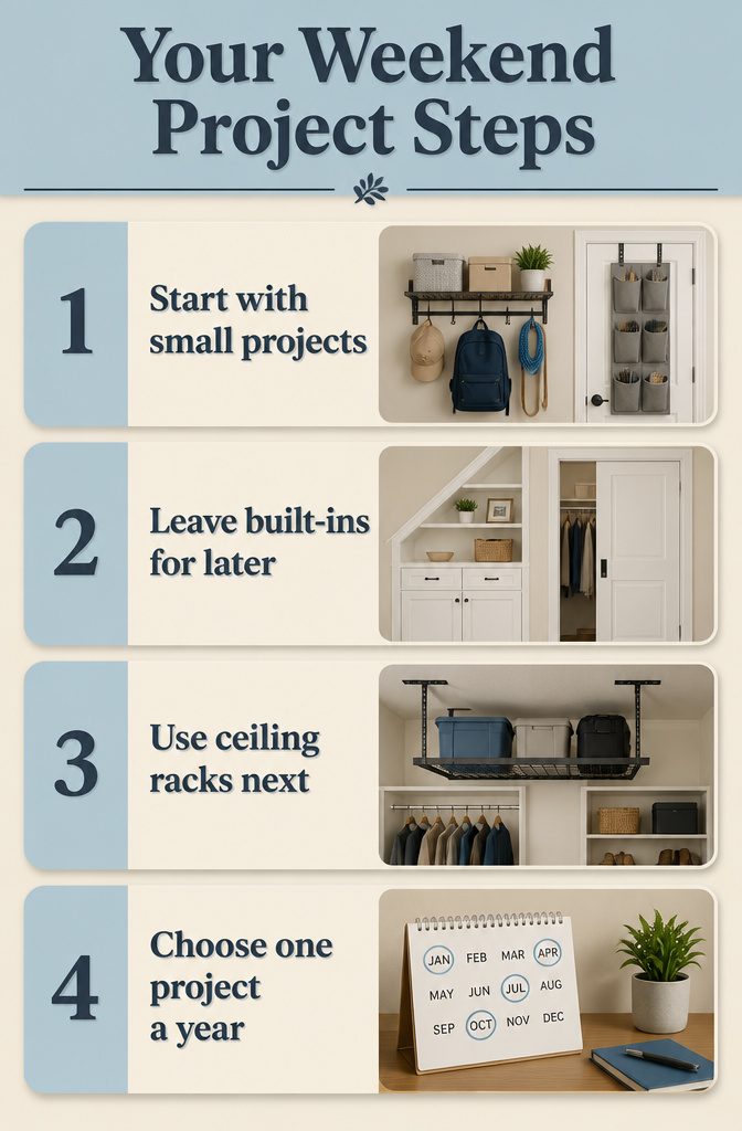 10 Tiny Home Space Saving Ideas: Storage and Layout Solutions 16 A step-by-step guide for planning weekend home improvement projects.