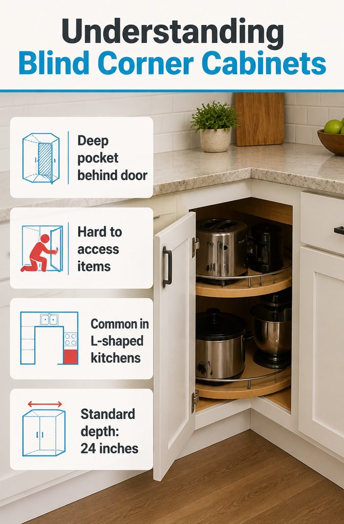 11 End Corner Kitchen Cabinet Ideas That Maximize Space 13 An informative image explaining the concept of blind corner cabinets.