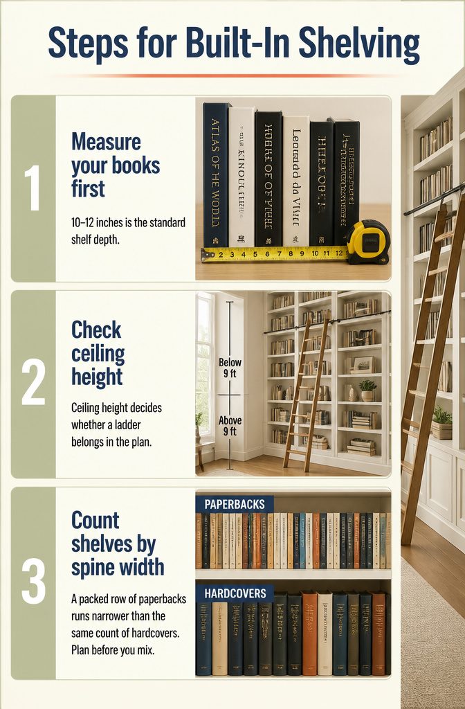 Steps for designing built-in shelving in a home library.