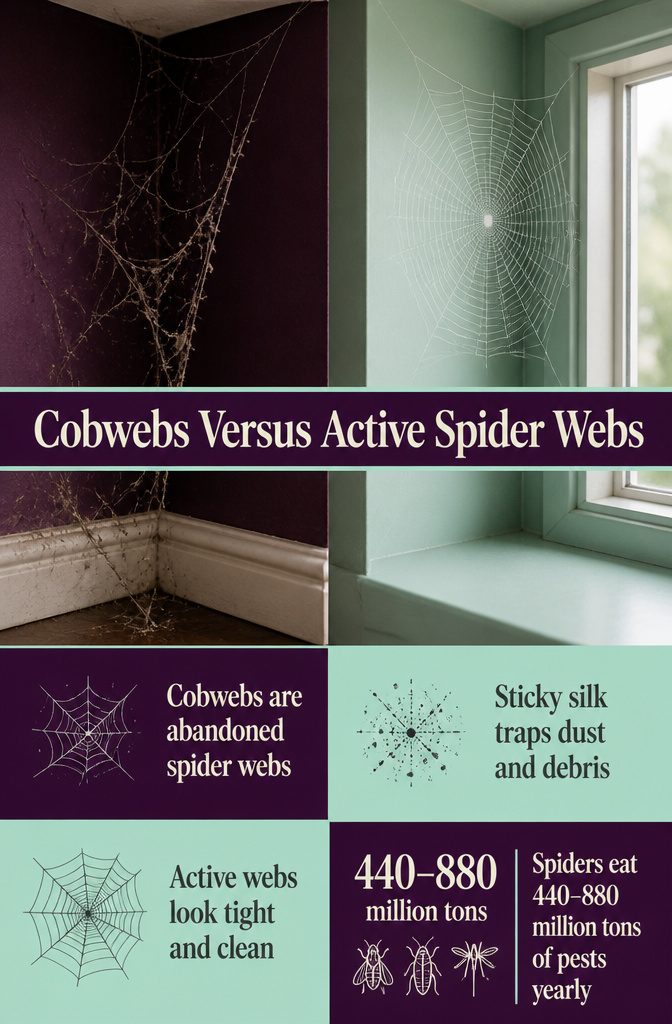 Home interior graphic titled Cobwebs Versus Active Spider Webs