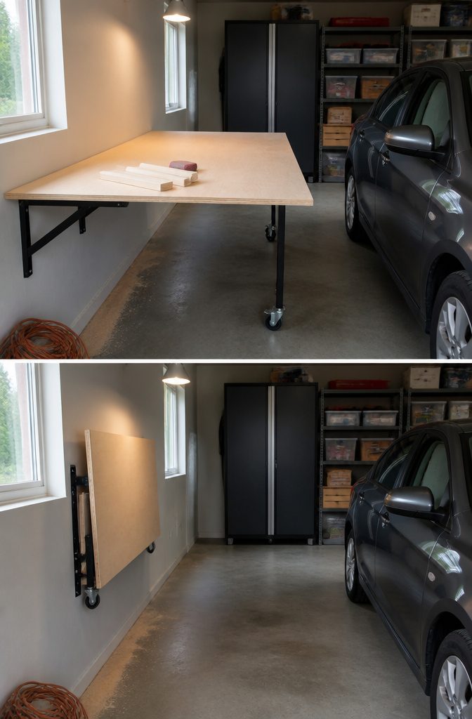 Folding table shown open with an expanded work surface