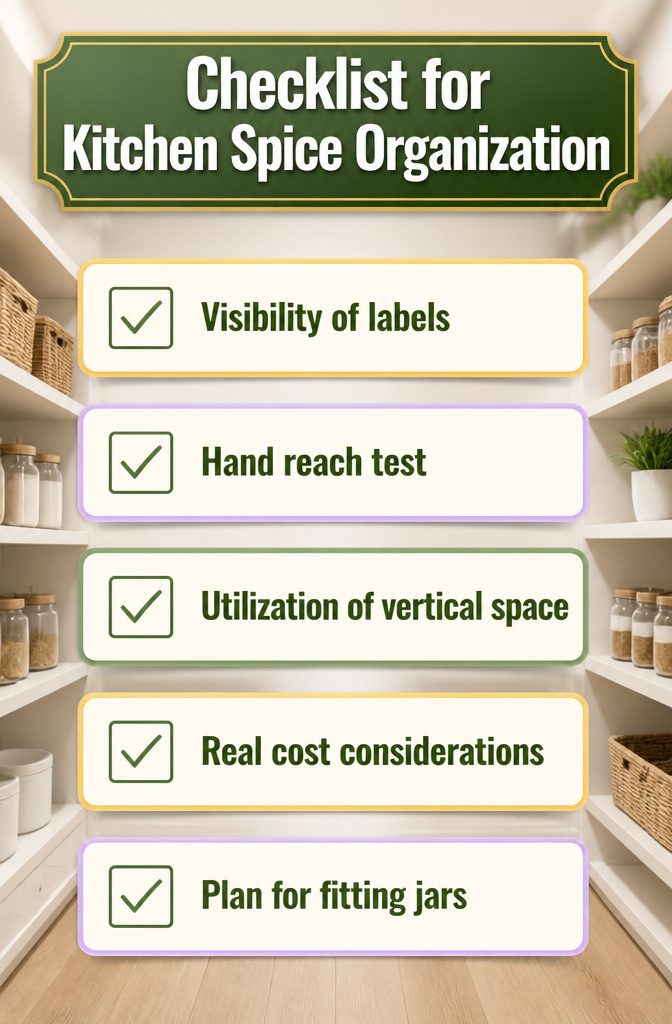 A checklist for kitchen spice organization on a countertop.