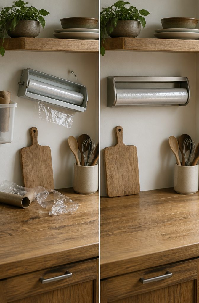 10 Plastic Wrap Storage Ideas for Organized Kitchens in 2026 14 The top of a refrigerator filled with plastic wrap boxes and other items.