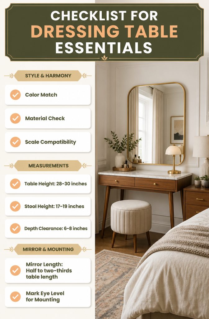 8 Dressing Table Ideas for Bedrooms: Styles for 2026 14 A checklist for selecting the right dressing table and mirror.