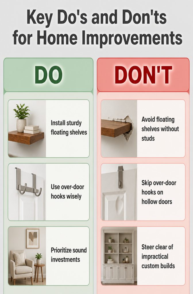 10 Tiny Home Space Saving Ideas: Storage and Layout Solutions 15 An informative image about home improvement do's and don'ts.