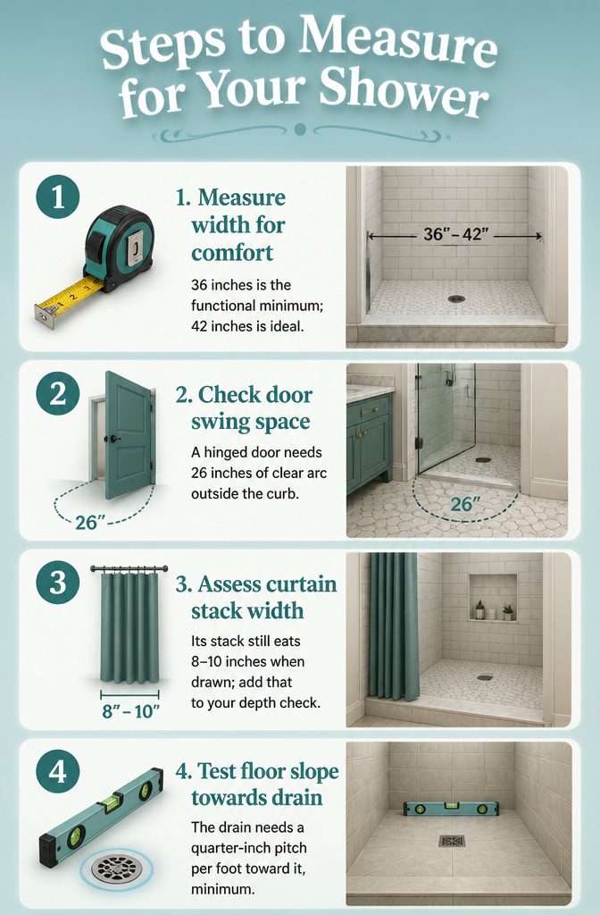 10 Small Bathroom Shower Ideas for 2026 Renovations 16 A tape measure used to determine the dimensions for a shower installation.