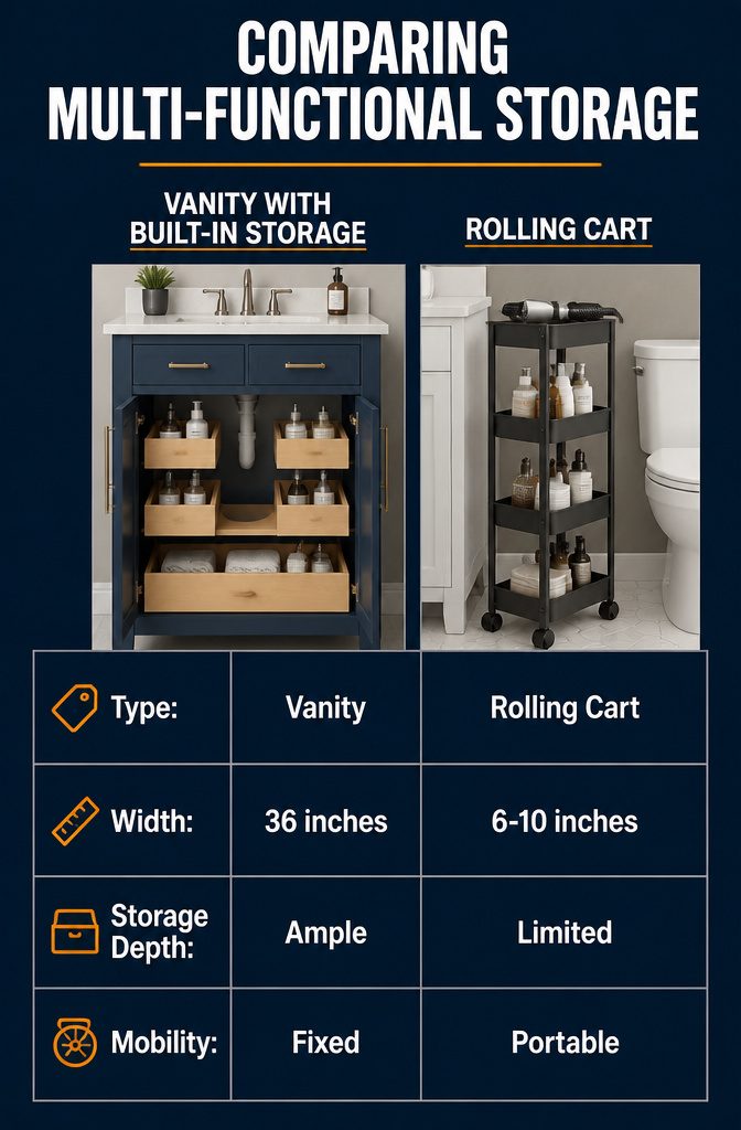 10 Tiny Bathroom Storage Ideas to Maximize Every Inch in 2026 13 A side-by-side comparison of multi-functional storage options for bathrooms.