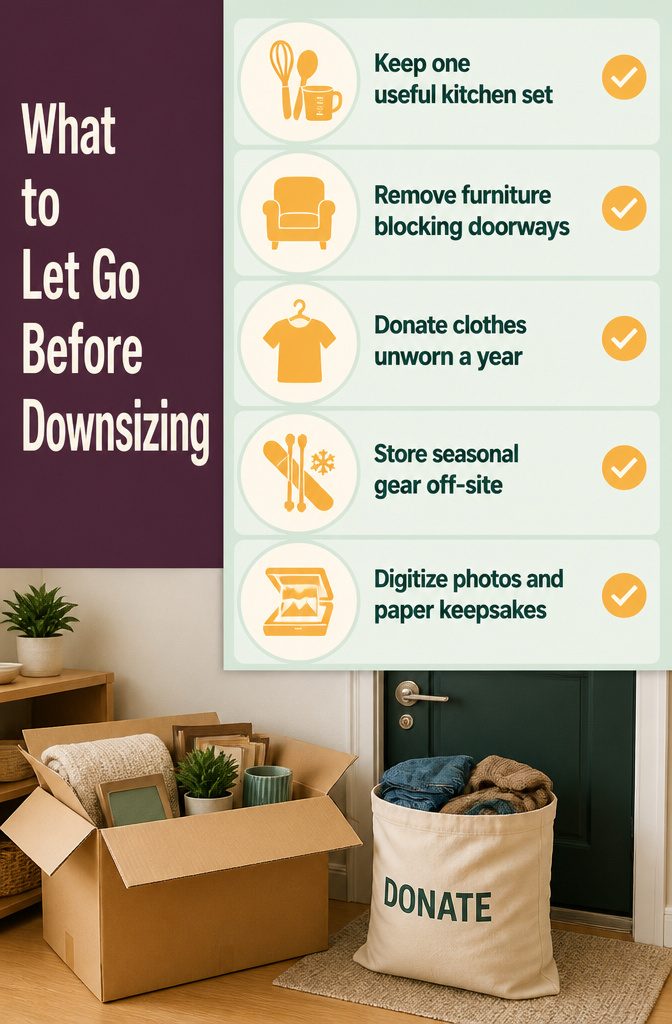 10 Ways to Organize Small Spaces That Actually Work 13 Home downsizing infographic listing household belongings to sort and remove