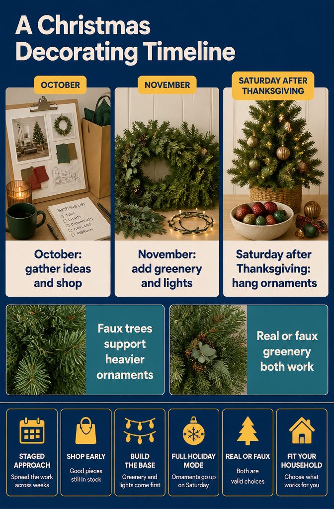 18 Ways to Decorate a House for Christmas 21 Christmas decorating timeline graphic with stages from October through Thanksgiving