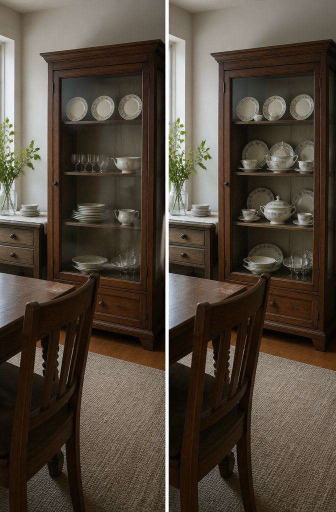 Three patterned plates spaced across a china cabinet shelf