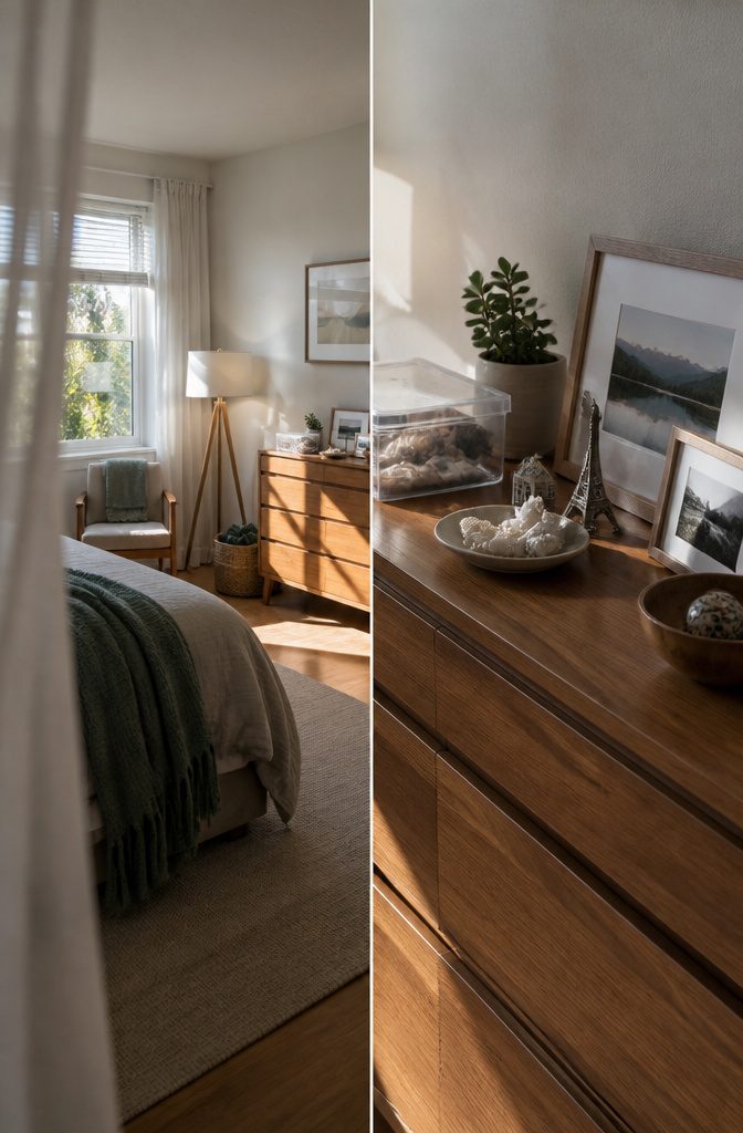 Bedroom with open blinds bright natural light and grouped keepsakes