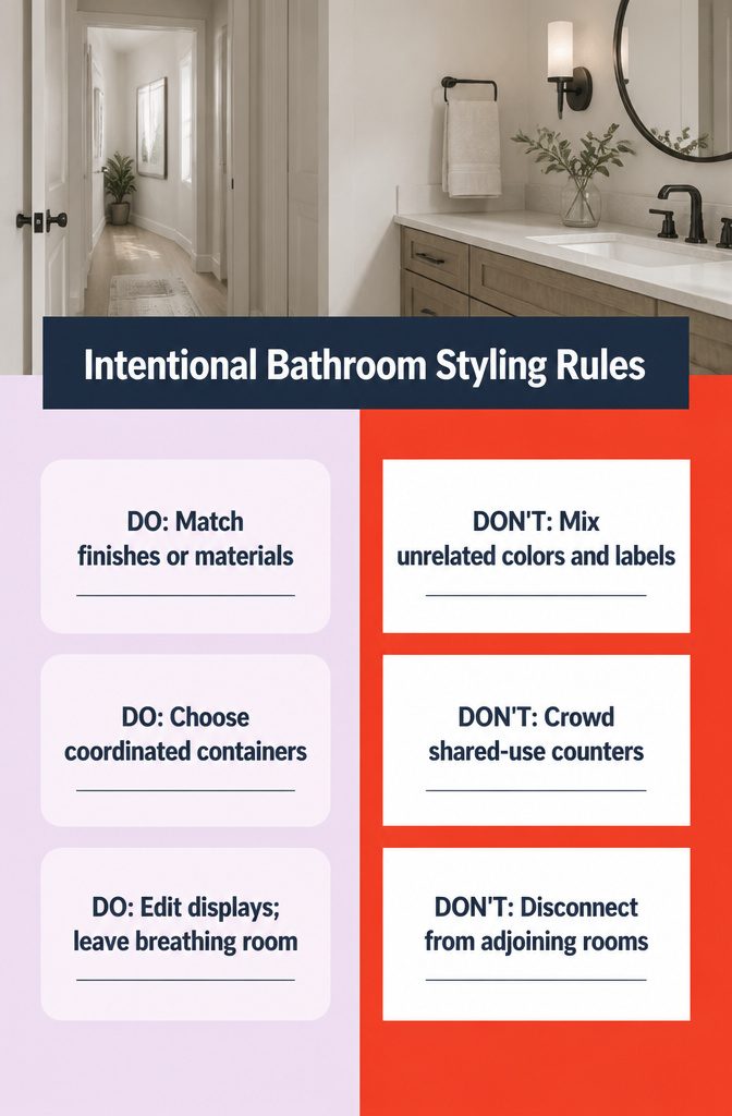 19 Ways to Style a Bathroom Without a Full Remodel 23 Bathroom counter with matching containers, coordinated towels, and uncluttered surfaces