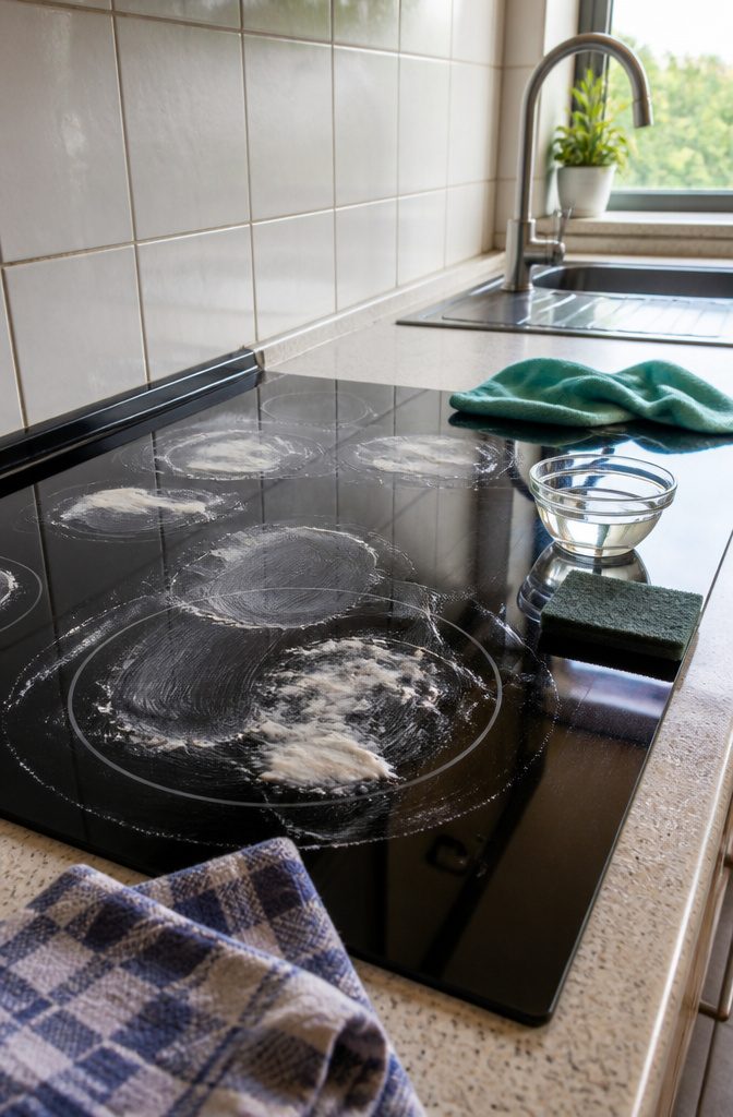 How to Deep Clean a Stove in 7 Steps 6 Glass cooktop with baking soda paste on grease stains and cleaning tools nearby
