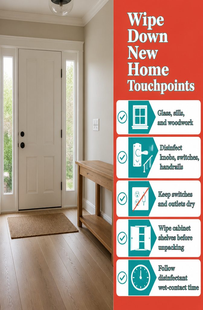 New House Cleaning Checklist: Prep Before You Move In 7 Home cleaning guide listing windows doors and household touchpoints