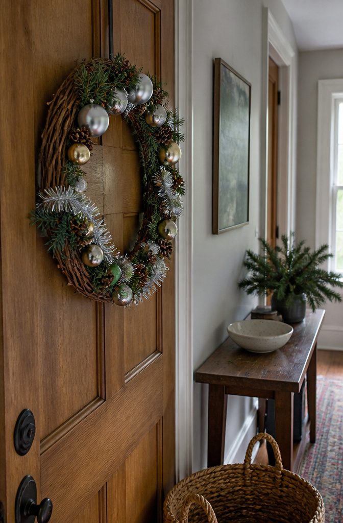 Twig wreath decorated with ornaments pinecones evergreen and sparkly tinsel